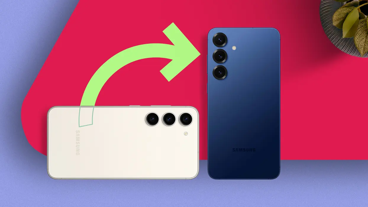 پیکانی از سامسونگ گلکسی اس ۲۳ به سامسونگ گلکسی اس ۲۵+ در یک طرح مینیمالیست