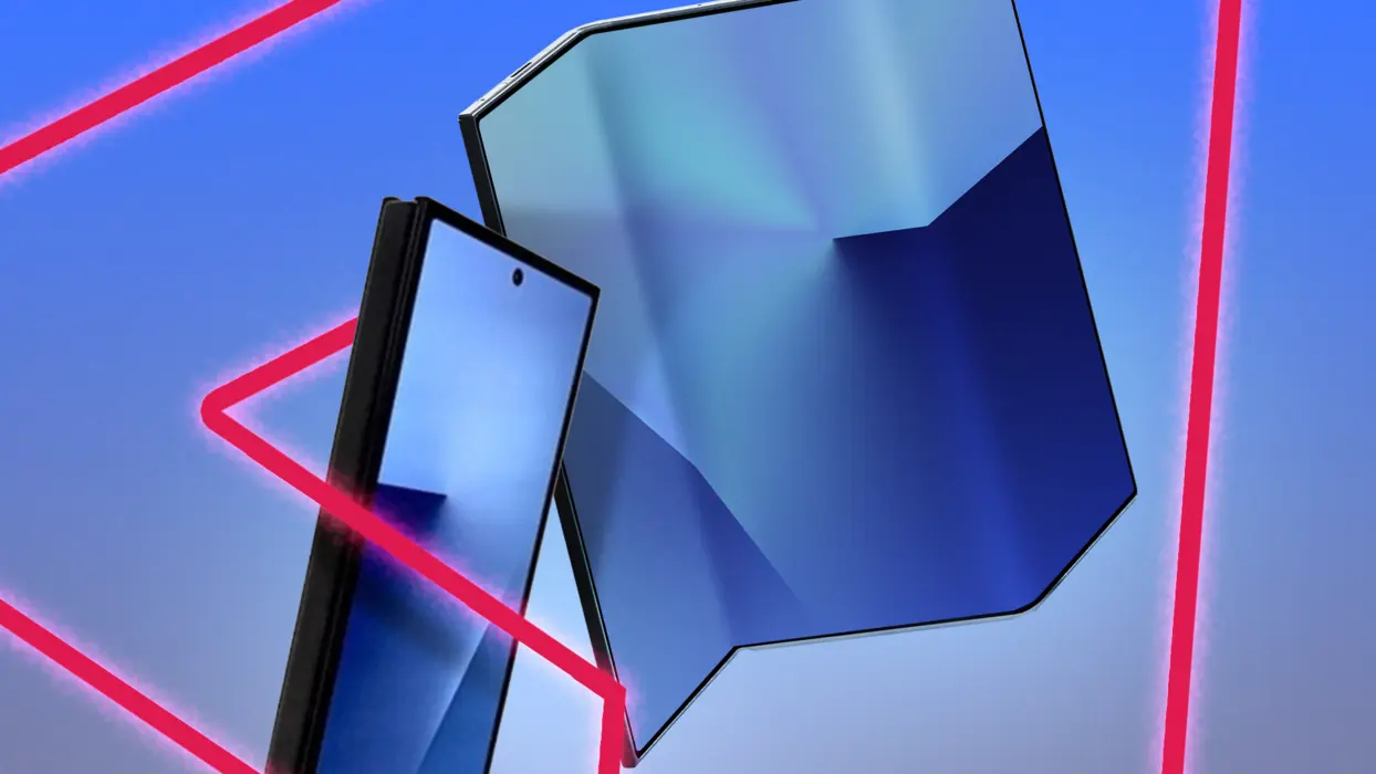 گوشی سامسونگ گالکسی تری‌فولد روی پس‌زمینهٔ آبی