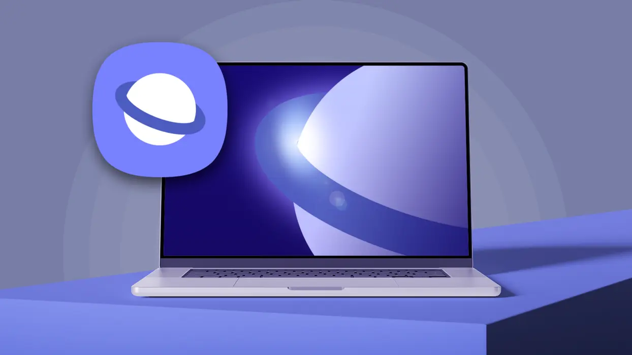 یک لپ‌تاپ که لوگوی انتزاعی بنفش و سفید مرورگر Samsung Internet را روی صفحه‌اش نمایش می‌دهد، با آیکون برنامه Samsung Internet که در کنار آن معلق است.