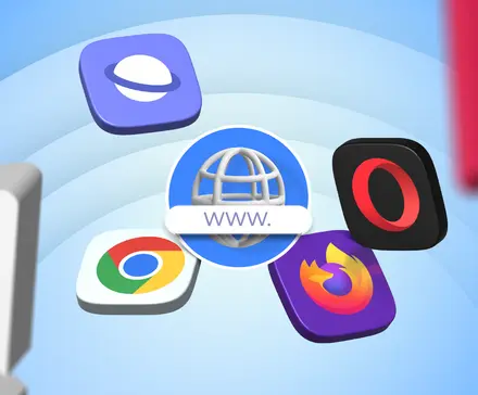 یک کره شامل نوار آدرس وب که توسط آیکون‌های Chrome، Firefox، Opera و Samsung Internet احاطه شده است.